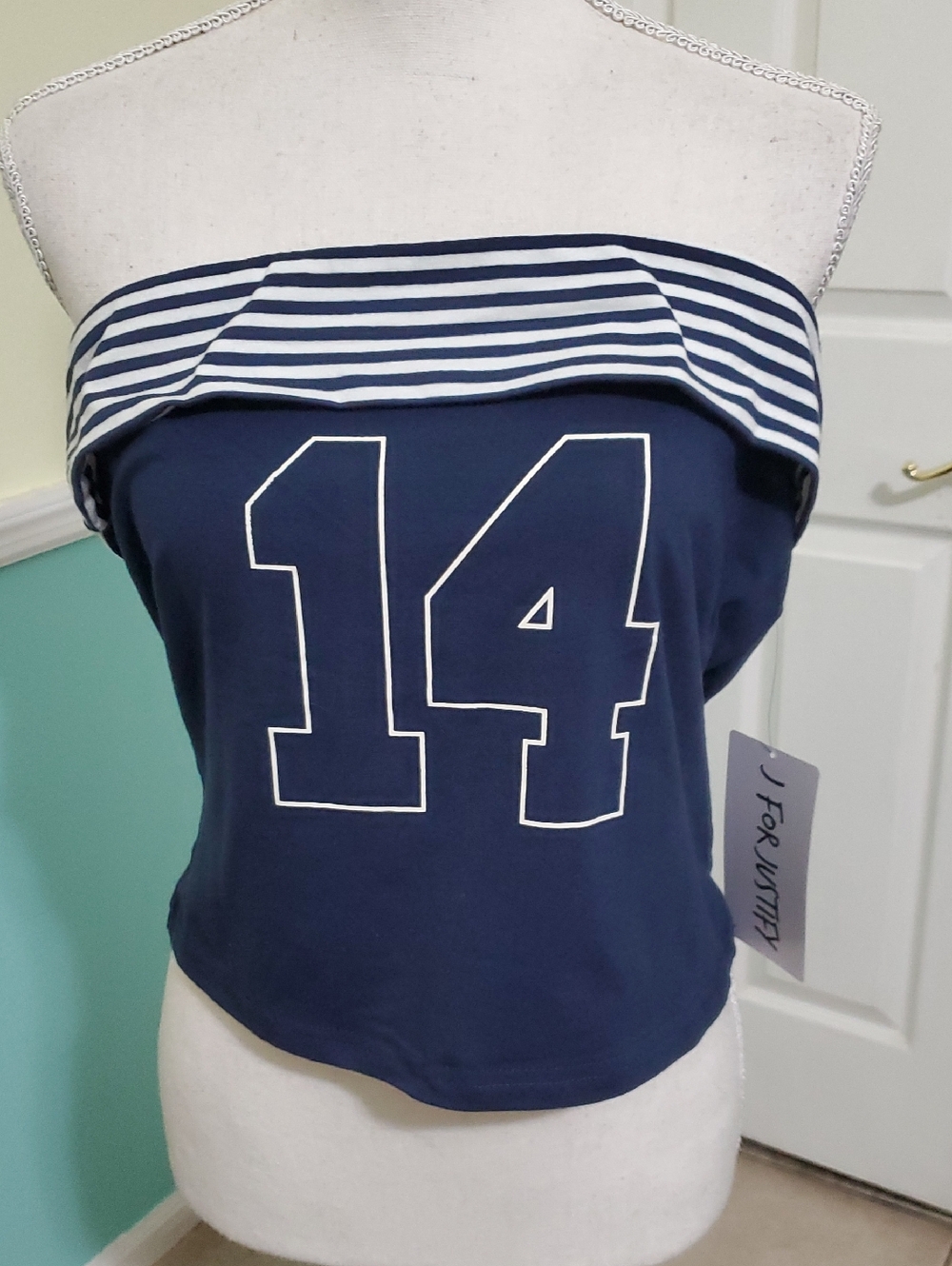 NEW J for Justify Y2K Summer Navy Stripe 14 Graphic Foldover Knit Tube Top XL